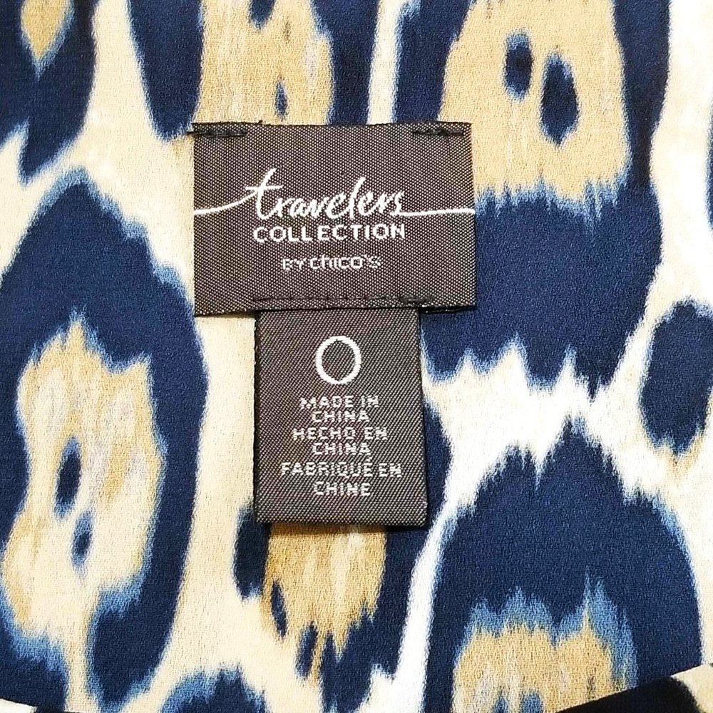 Top, Blouse. Blue, Tan, White, Animal Print. Chico's Brand. Size 0. - Picture 12 of 14